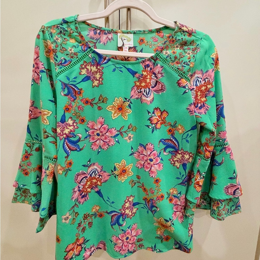 Fig and Flower Vibrant Floral Blouse - Green and Pink